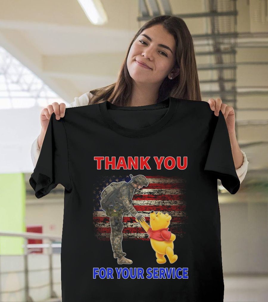 Thank You For Your Service Soldier and Pooh with American Flag Background T-Shirt