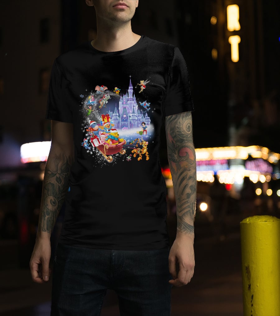 Pooh Christmas Disney Winter Wonderland With Castle And Characters T-Shirt