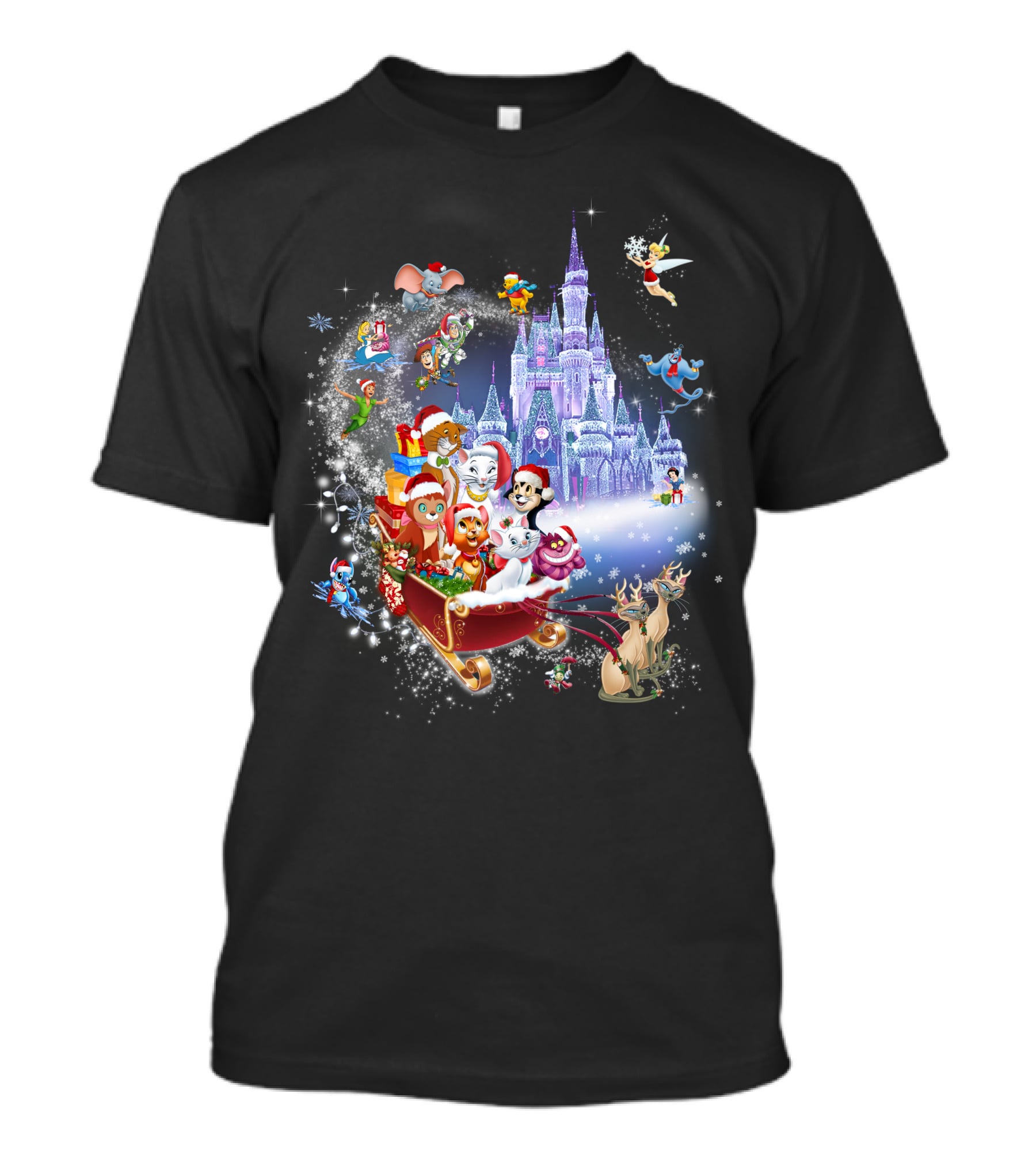 Disney Cats Christmas Castle Sleigh With Santa Hats And Tinker Bell T-Shirt
