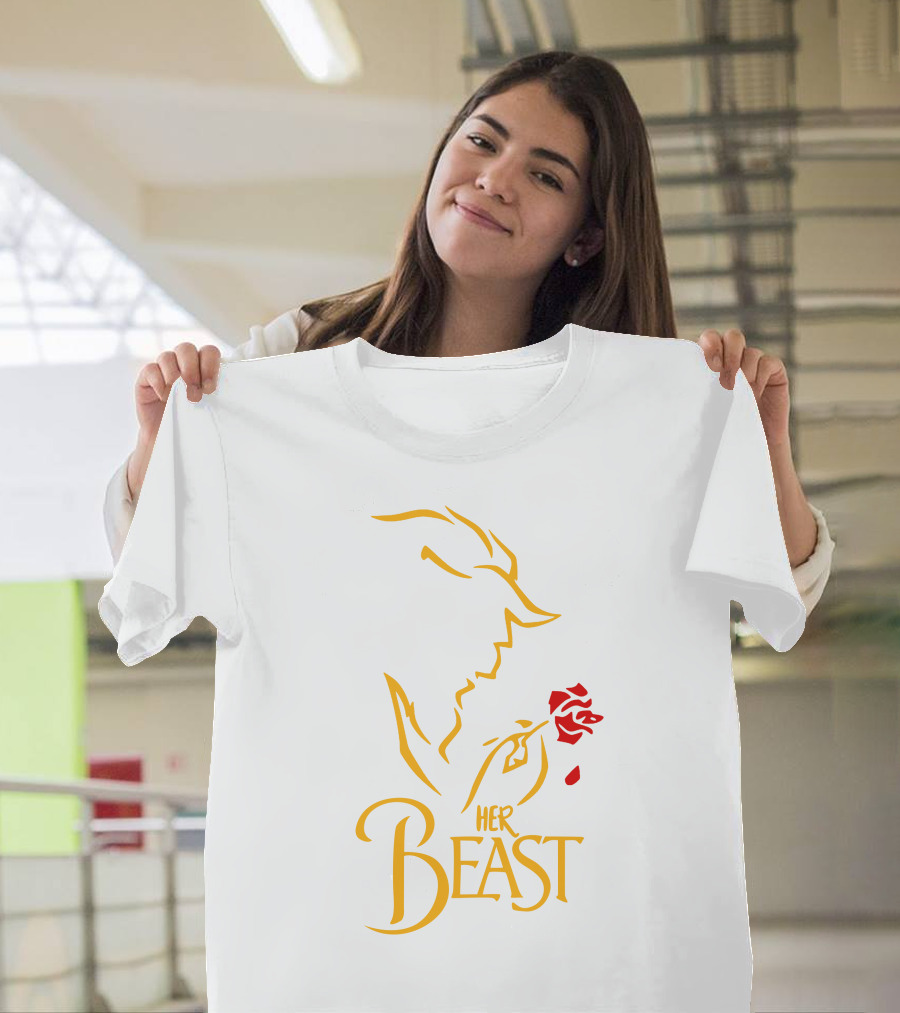 Her Beast Silhouette with Red Rose Beauty and the Beast T-Shirt