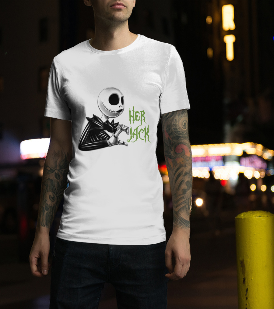 Her Jack Skeleton Character Sketch Black And White Green Lettering T-Shirt