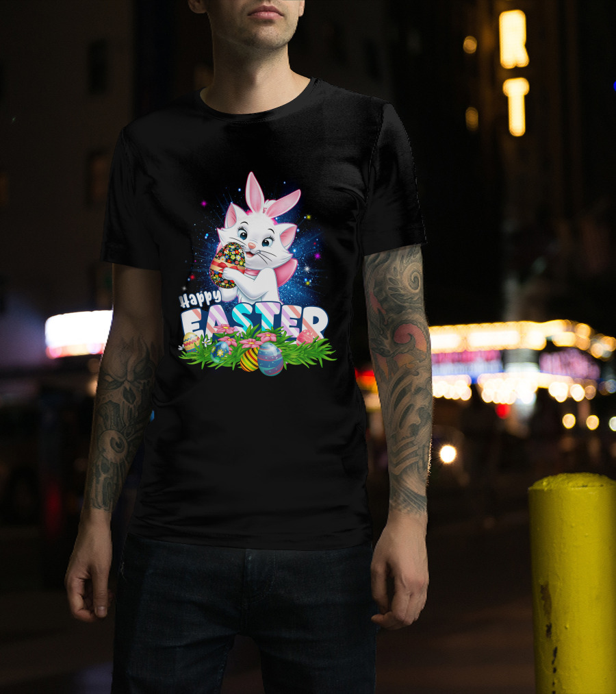 Happy Easter Marie Cat With Colorful Easter Eggs And Flowers T-Shirt