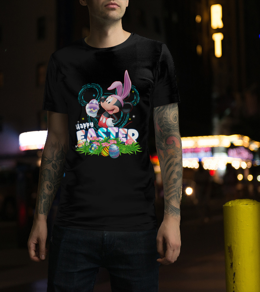 MK Happy Easter Mickey Mouse Bunny Ears Holding Colorful Easter Eggs In Grass T-Shirt