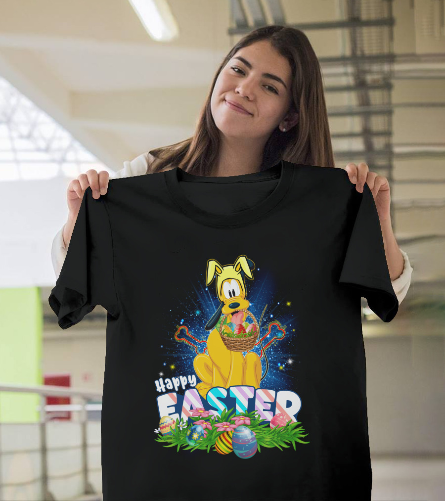 Pluto Happy Easter Basket with Eggs and Flowers T-Shirt