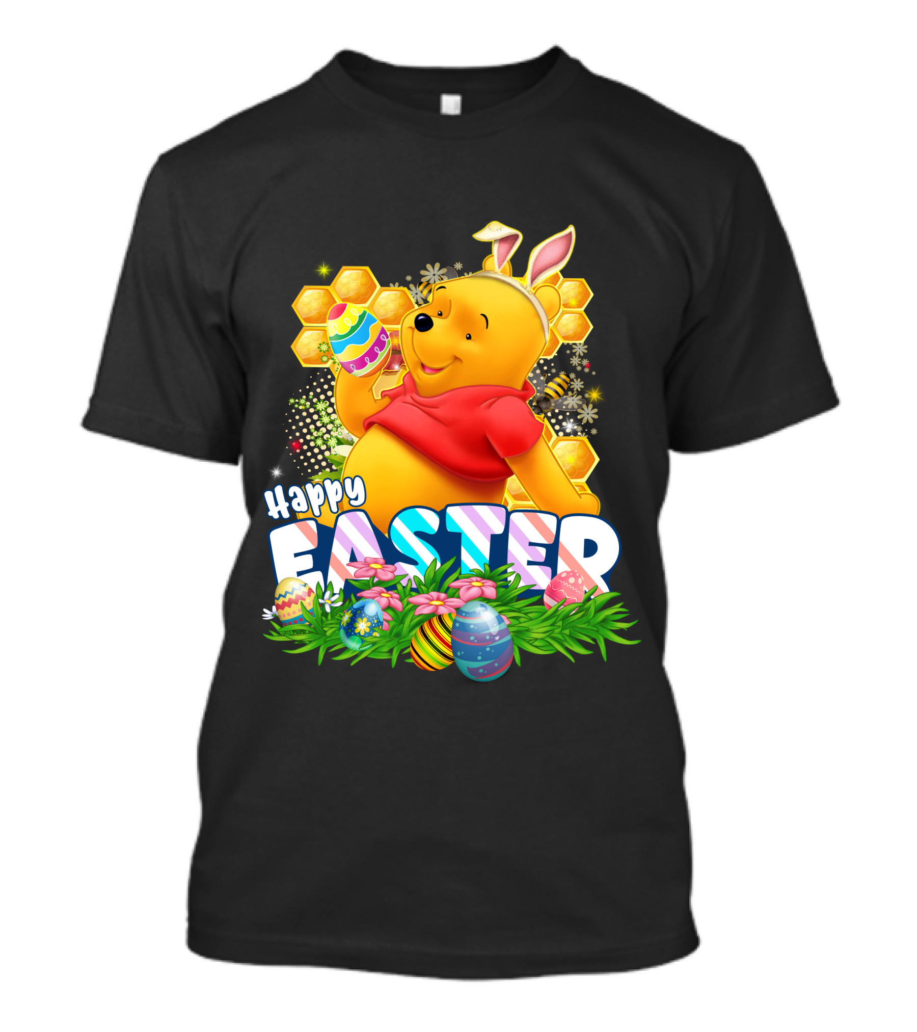 Pooh Happy Easter With Eggs And Honeycomb Background T-Shirt