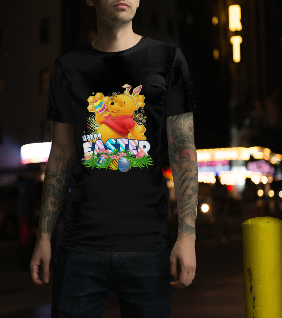 Pooh Happy Easter With Eggs And Honeycomb Background T-Shirt