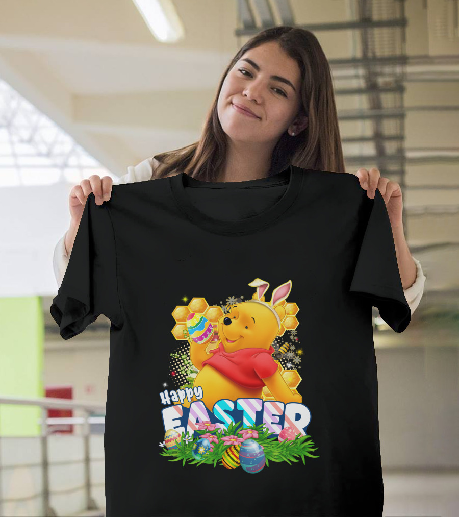 Pooh Happy Easter With Eggs And Honeycomb Background T-Shirt