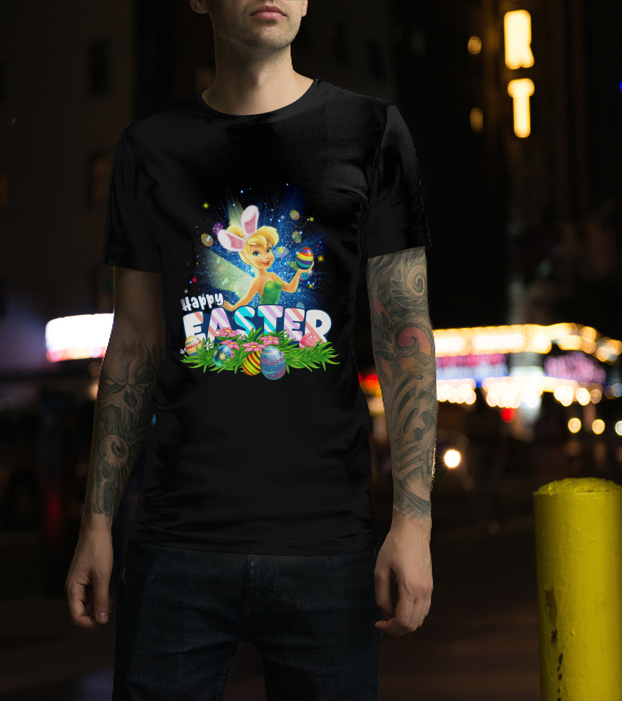 Happy Easter Tinkerbell With Bunny Ears And Colorful Eggs T-Shirt