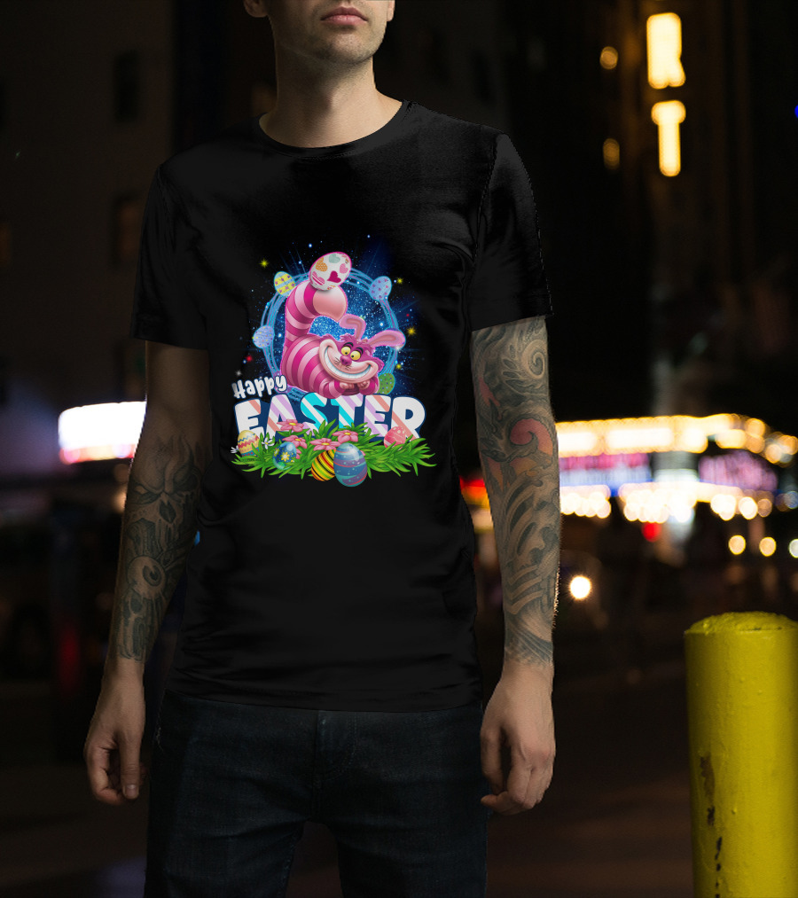 Cheshire Cat Happy Easter Eggs And Flowers T-Shirt