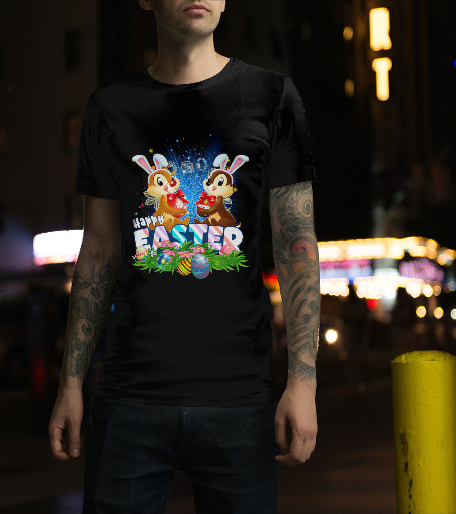 Chip Dale Happy Easter With Bunny Ears And Colorful Eggs T-Shirt