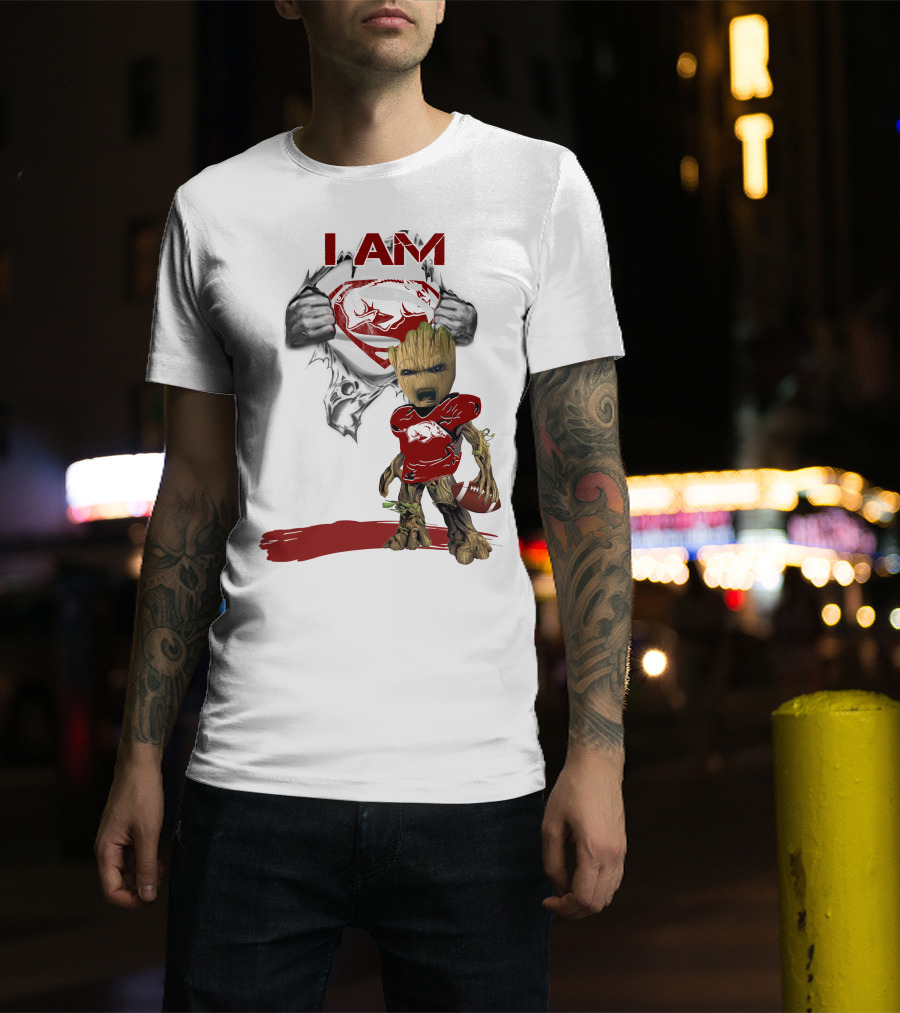 I AM Arkansas Razorbacks Baby Groot Superman T-Shirt