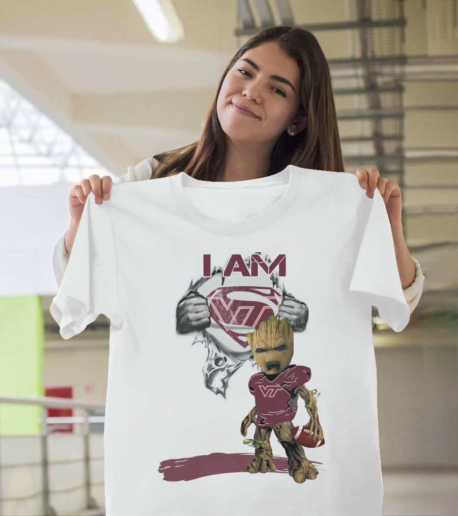 I AM Hokies VT Baby Groot Superman Football T-Shirt