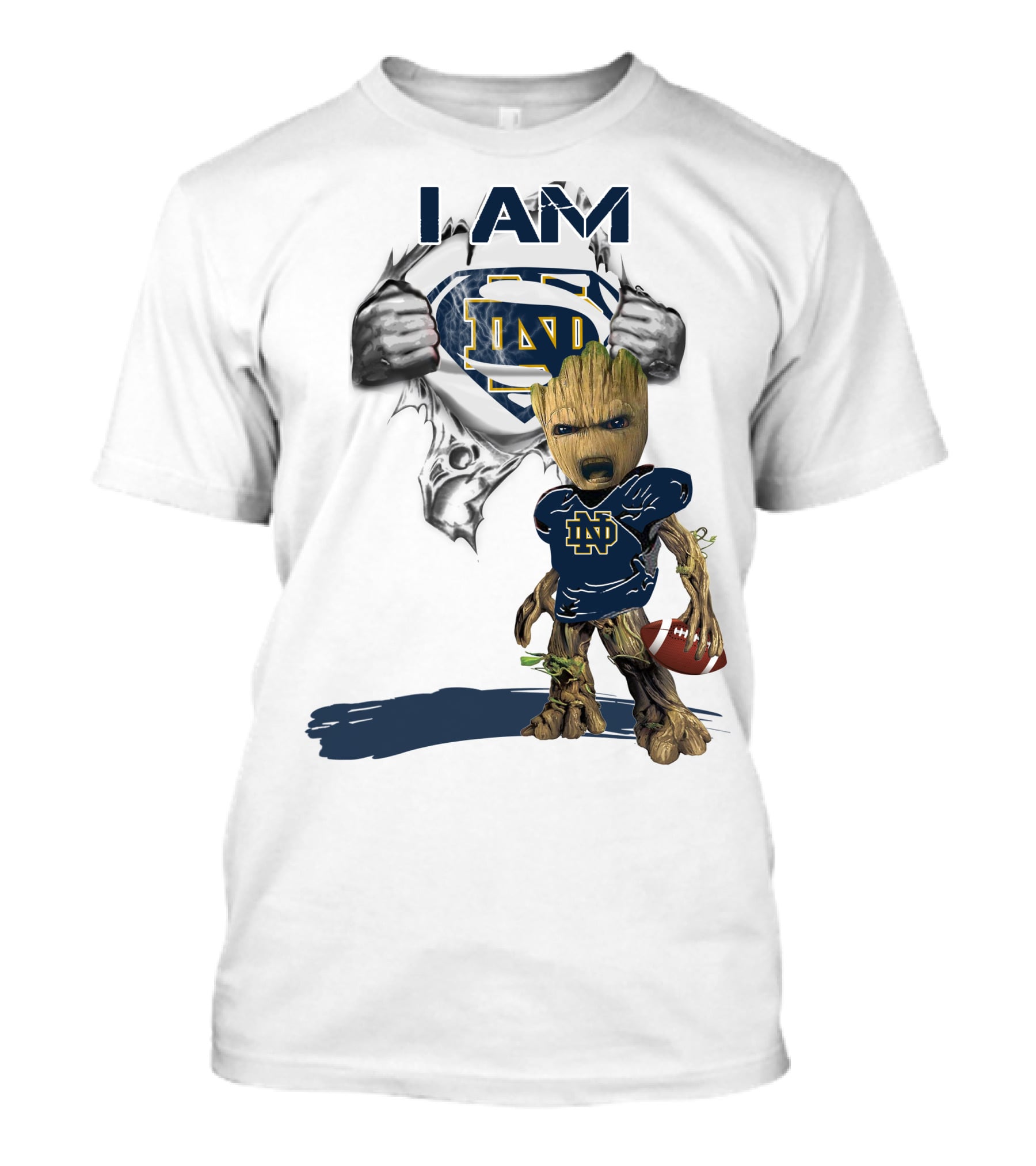 I Am Notre Dame ND Baby Groot Superman Football T-Shirt