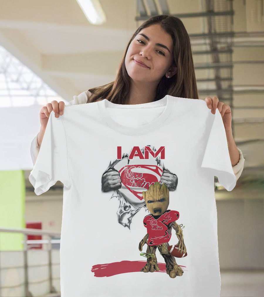 I Am Ole Miss Baby Groot Superman Football Player T-Shirt