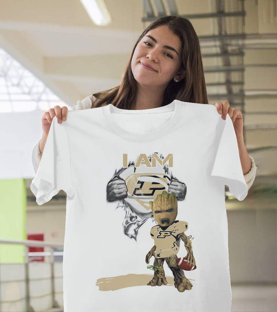 I AM Purdue Baby Groot With Football Superman T-Shirt