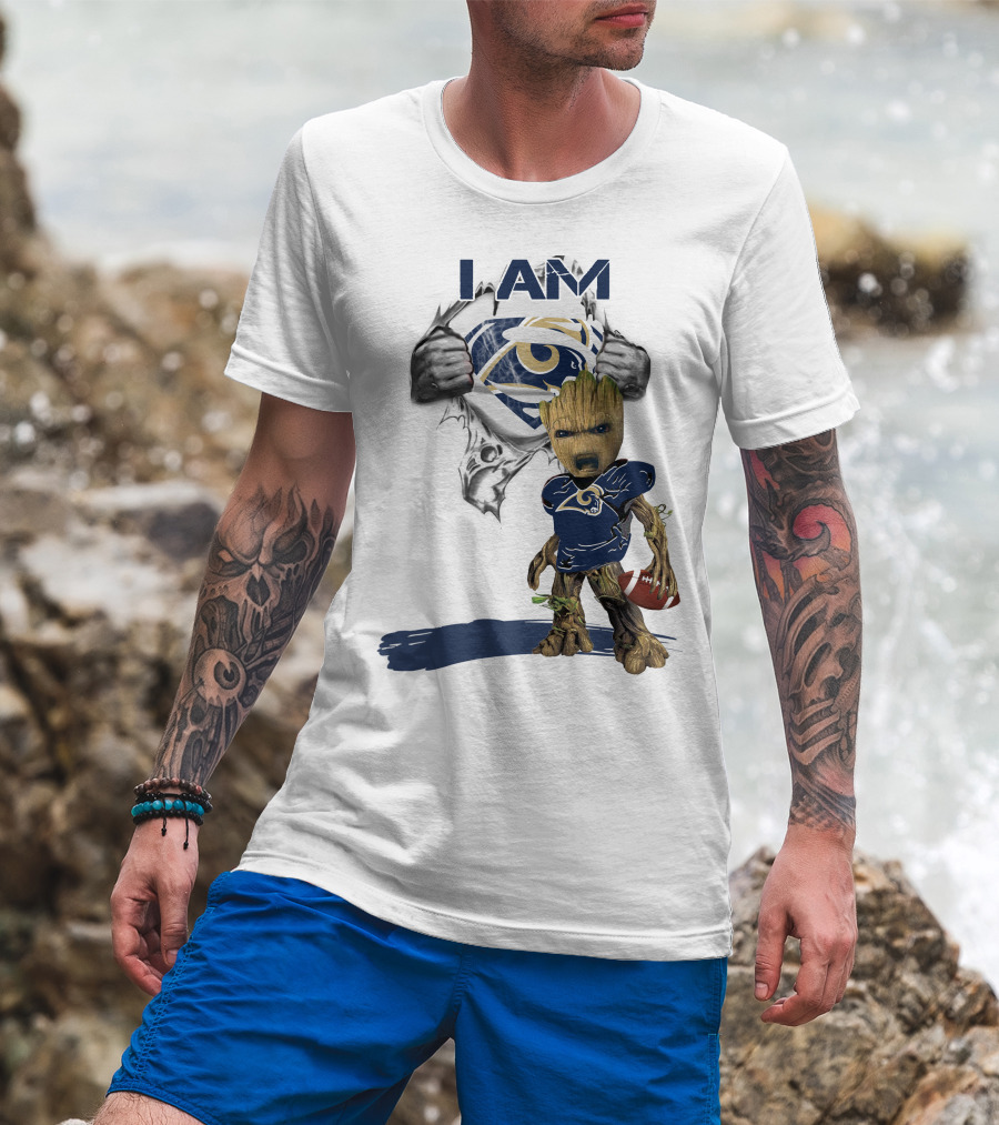I AM Rams Baby Groot Superman Football Hero T-Shirt