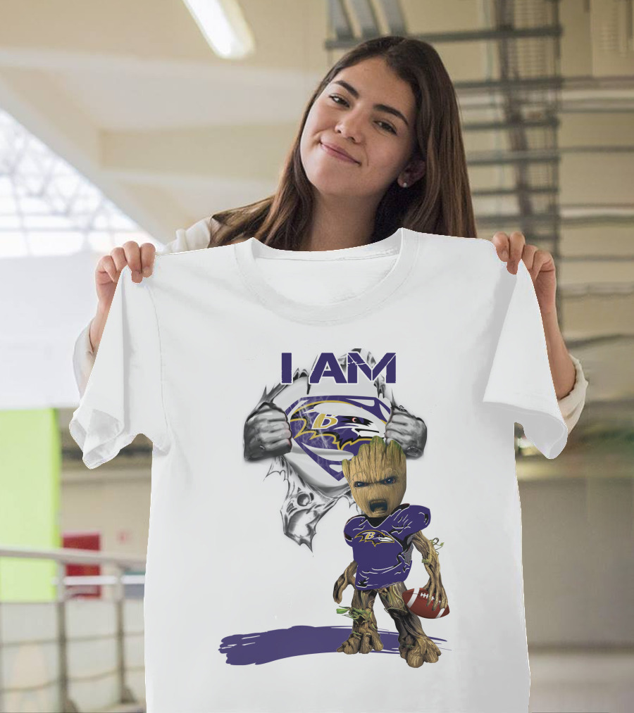 I Am Ravens Baby Groot Superman Football Ravens T-Shirt