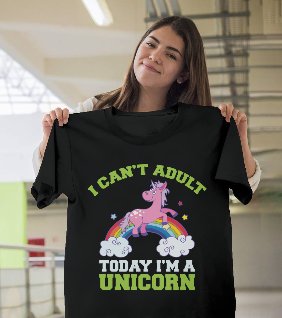 I Can't Adult Today I'm a Unicorn Pink Unicorn on Rainbow with Stars and Clouds T-Shirt