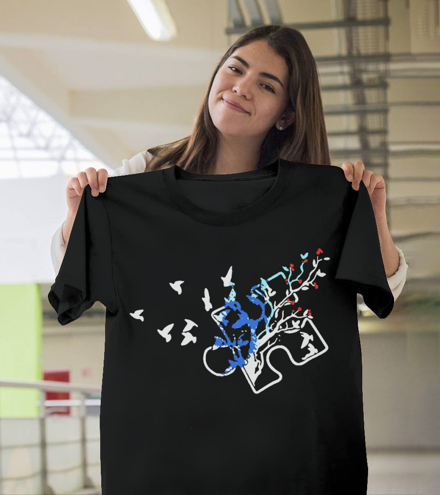 Autism Puzzle Piece with White Birds and Floral Tree Branches T-Shirt