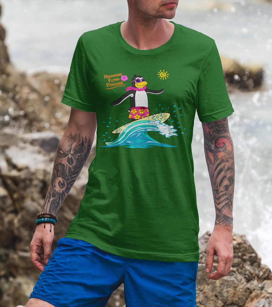 Hawaiian Flynn Penguin Surfing With Floral Lei And Sunglasses T-Shirt
