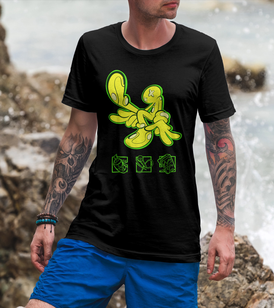 OFFCANNY Neon Cartoon Figure With Iconic Symbols T-Shirt