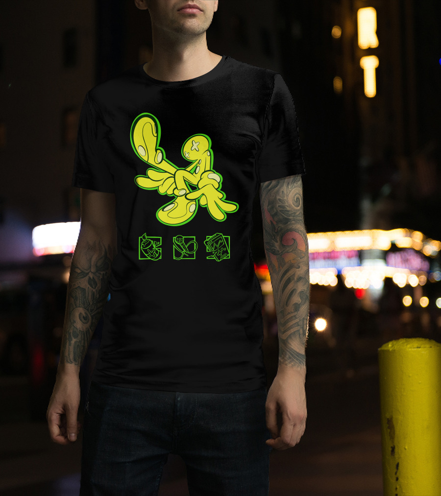 OFFCANNY Neon Cartoon Figure With Iconic Symbols T-Shirt