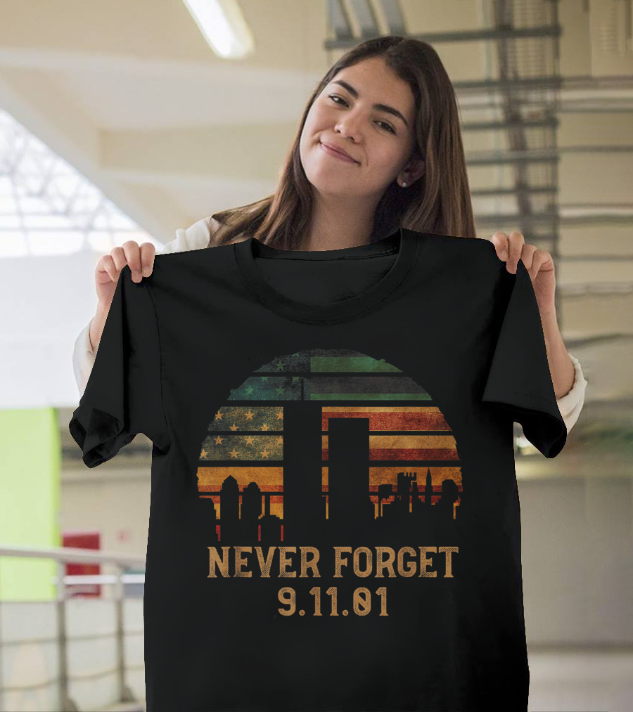 Never Forget 9.11.01 Skyline American Flag T-Shirt