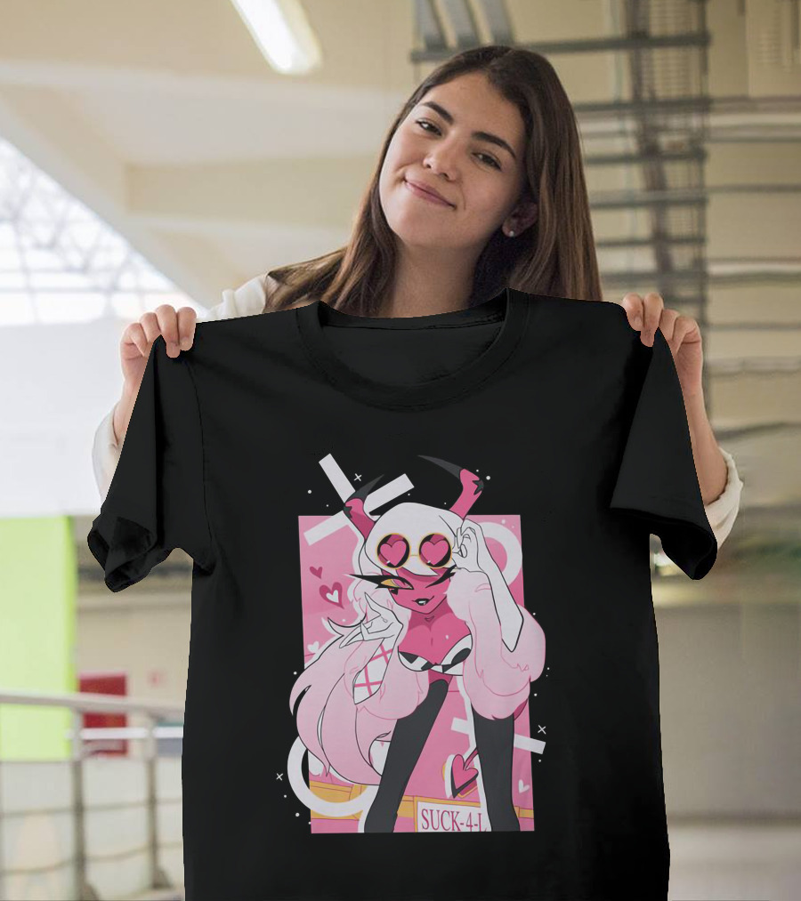 Helluva Boss Mrs Mayberry Suck-4-L<3 Hearts Pink And White Demon Character T-Shirt
