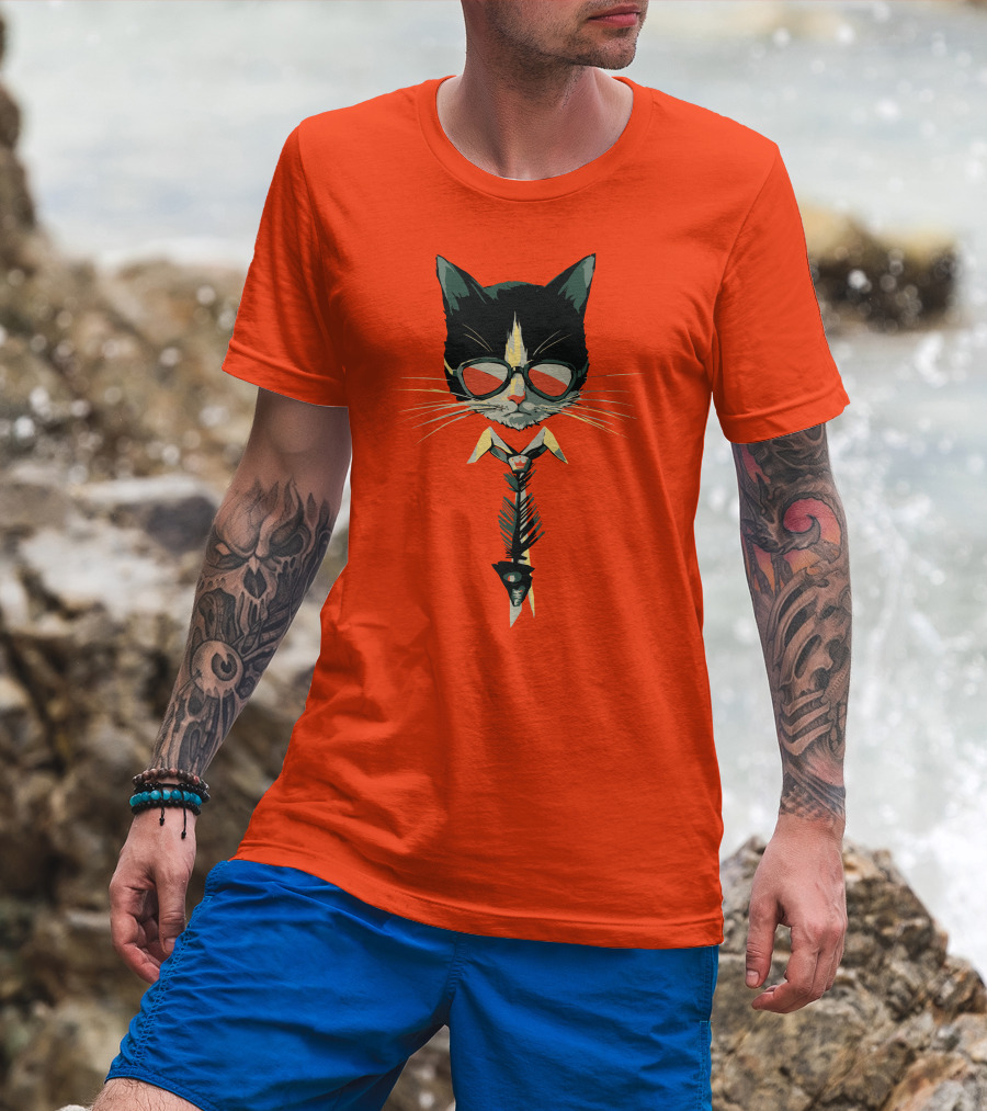 Bibisama CAT With Sunglasses And Fish Skeleton Tie T-Shirt