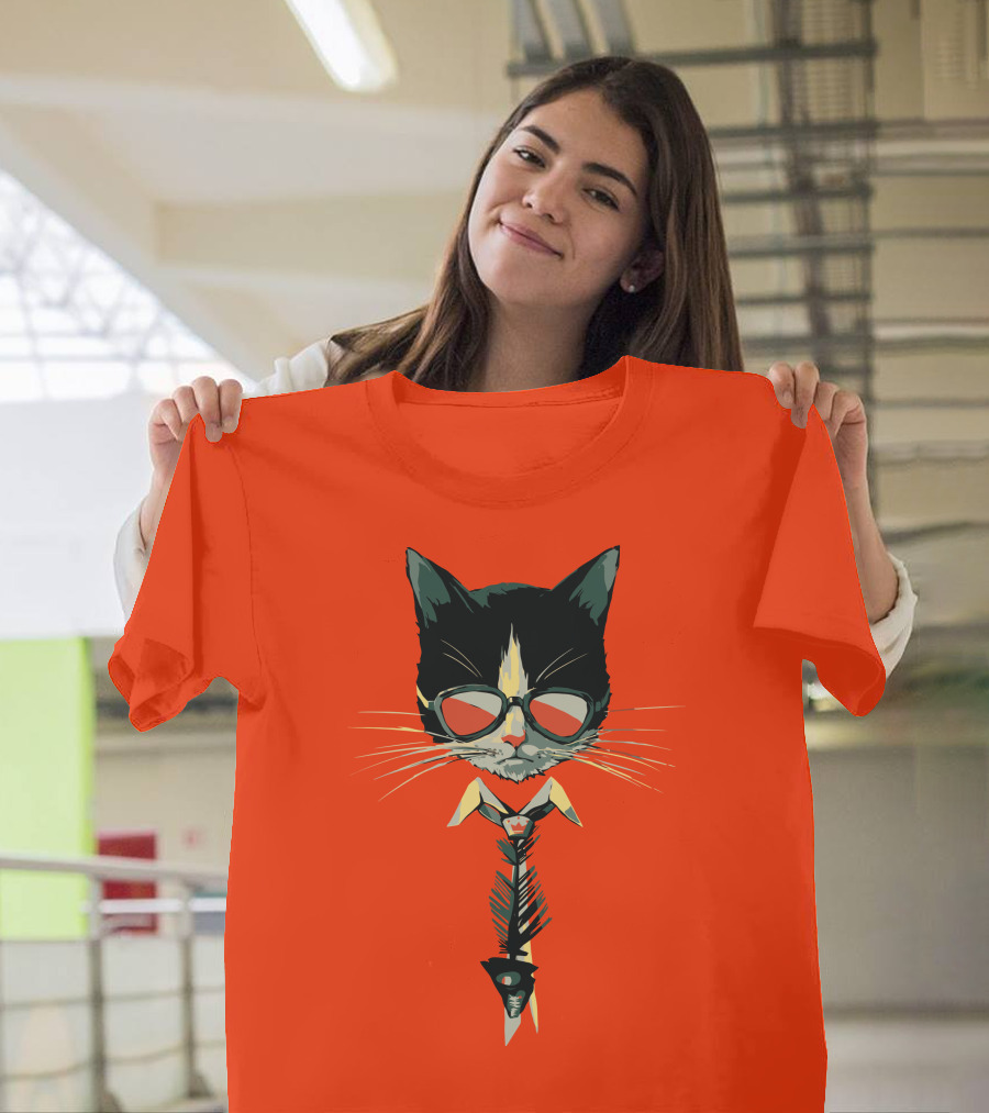 Bibisama CAT With Sunglasses And Fish Skeleton Tie T-Shirt