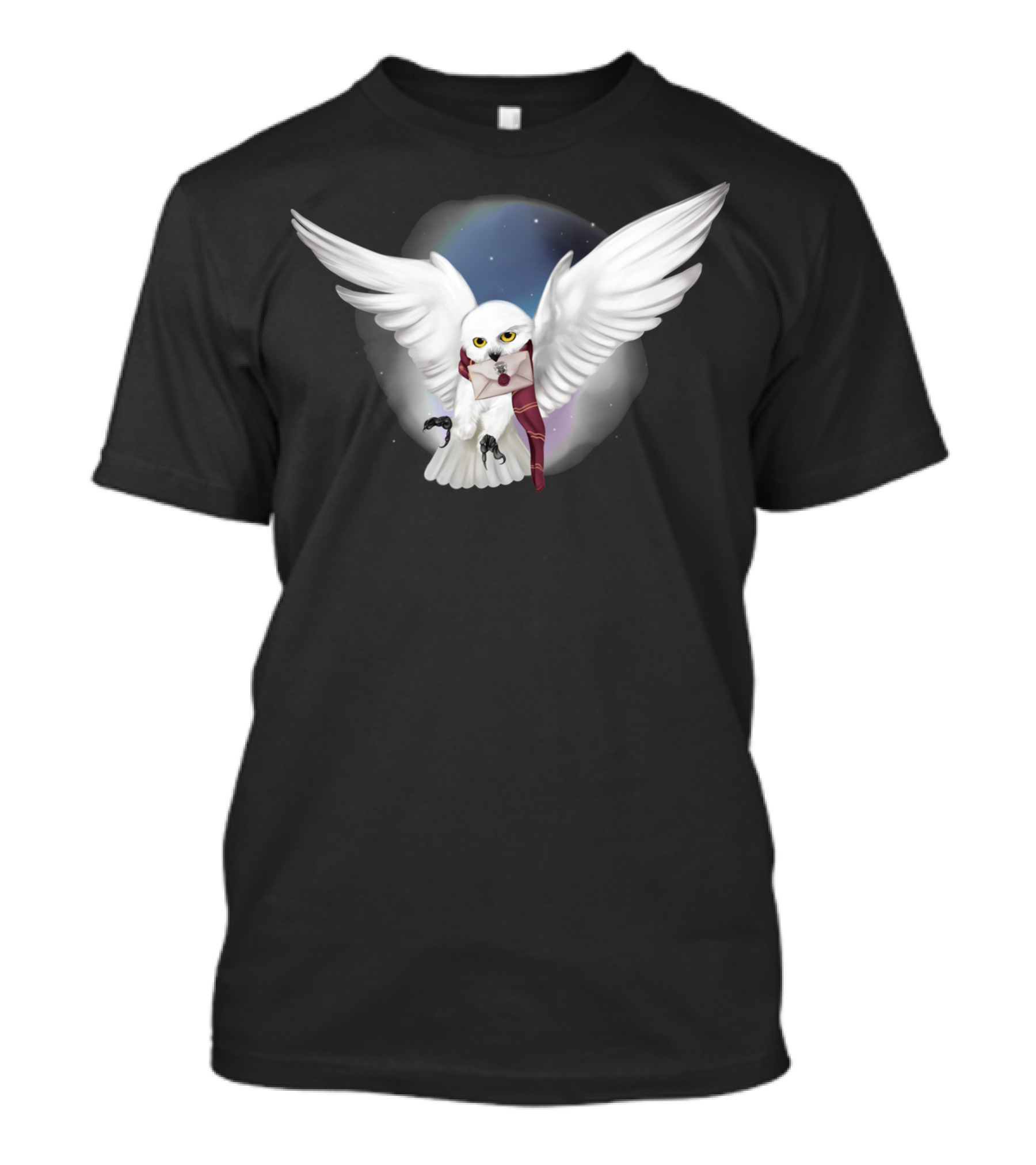 Snowy White Owl With Letter And Red Scarf In Starry Sky T-Shirt