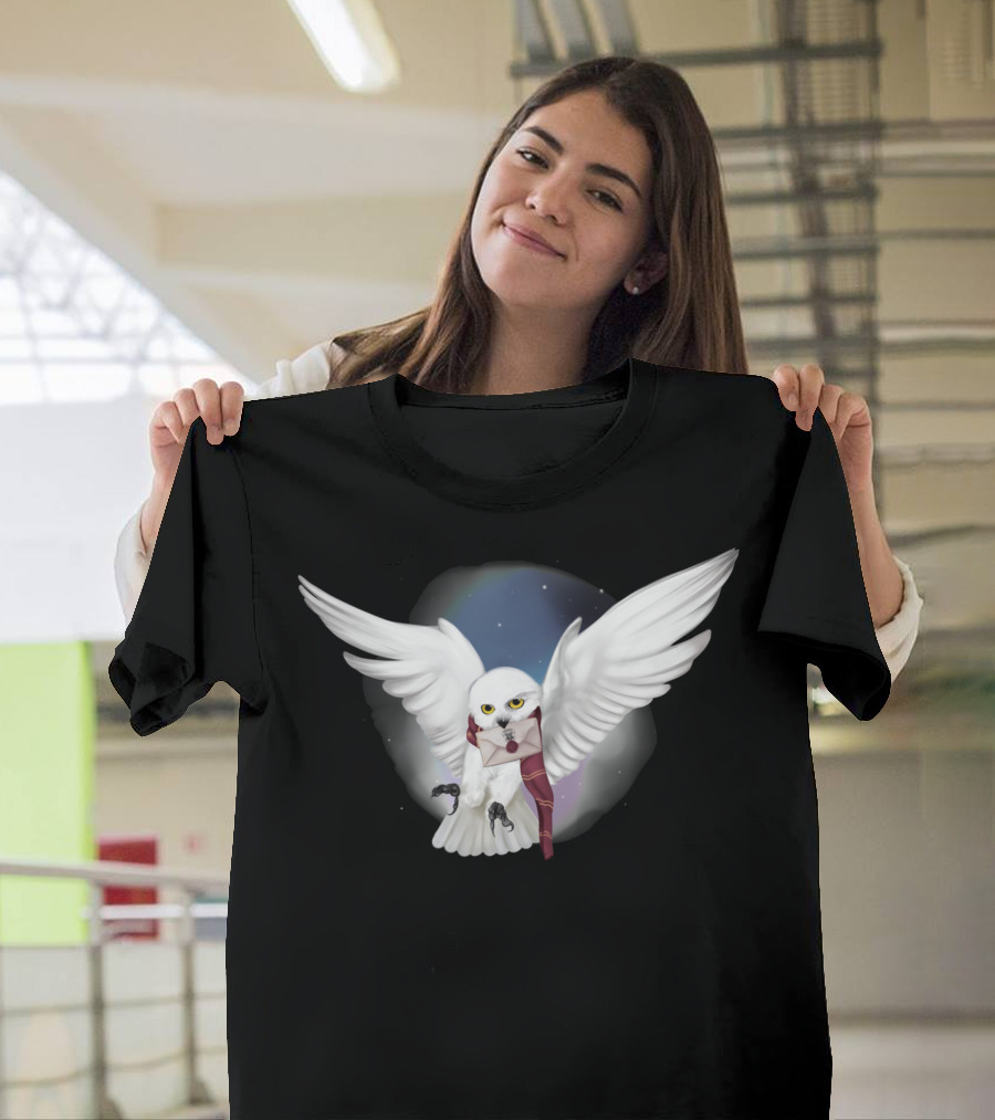 Snowy White Owl with Letter and Red Scarf in Starry Sky T-Shirt