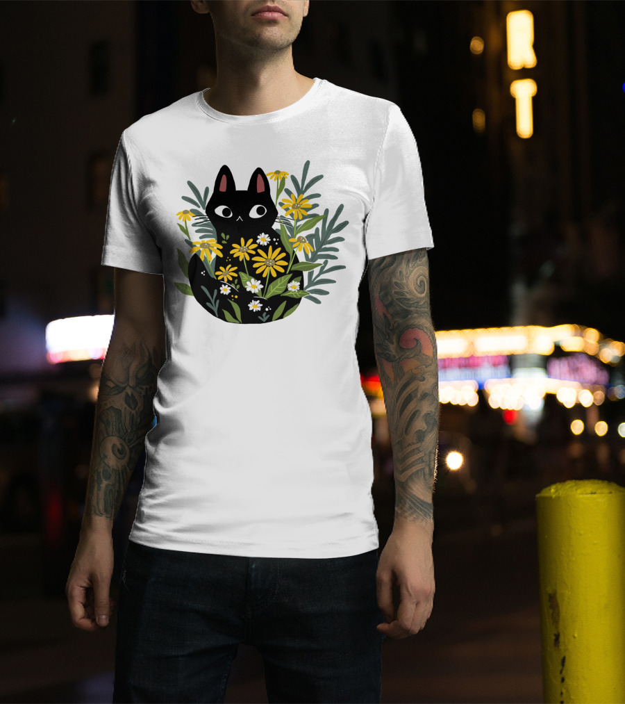 Black Cat With Flowers Essential Cute Funny Cat Illustration Floral T-Shirt