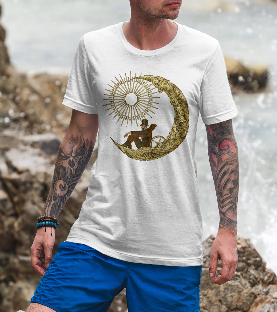 Victorian Gentleman On Ornate Crescent Moon With Sunburst - Moon Travel T-Shirt