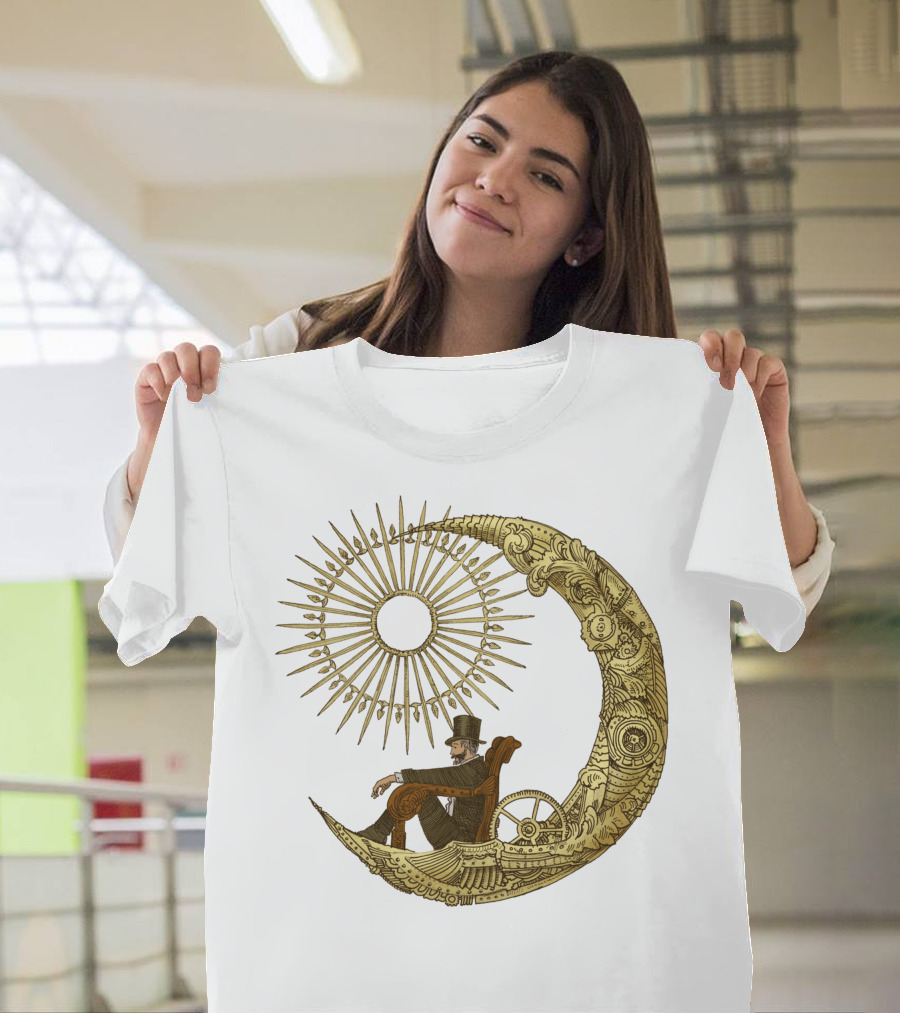 Victorian Gentleman on Ornate Crescent Moon with Sunburst - Moon Travel T-Shirt