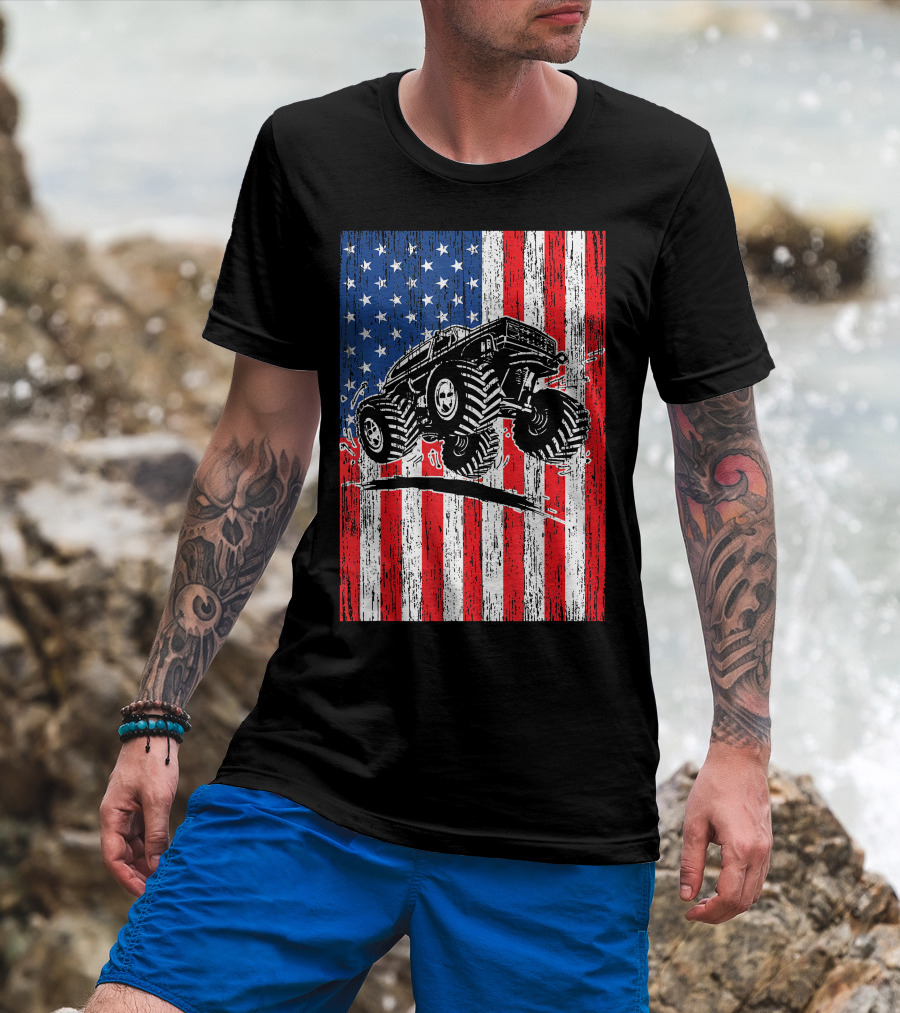 American Flag USA Monster Truck Enthusiast Patriotic T-Shirt