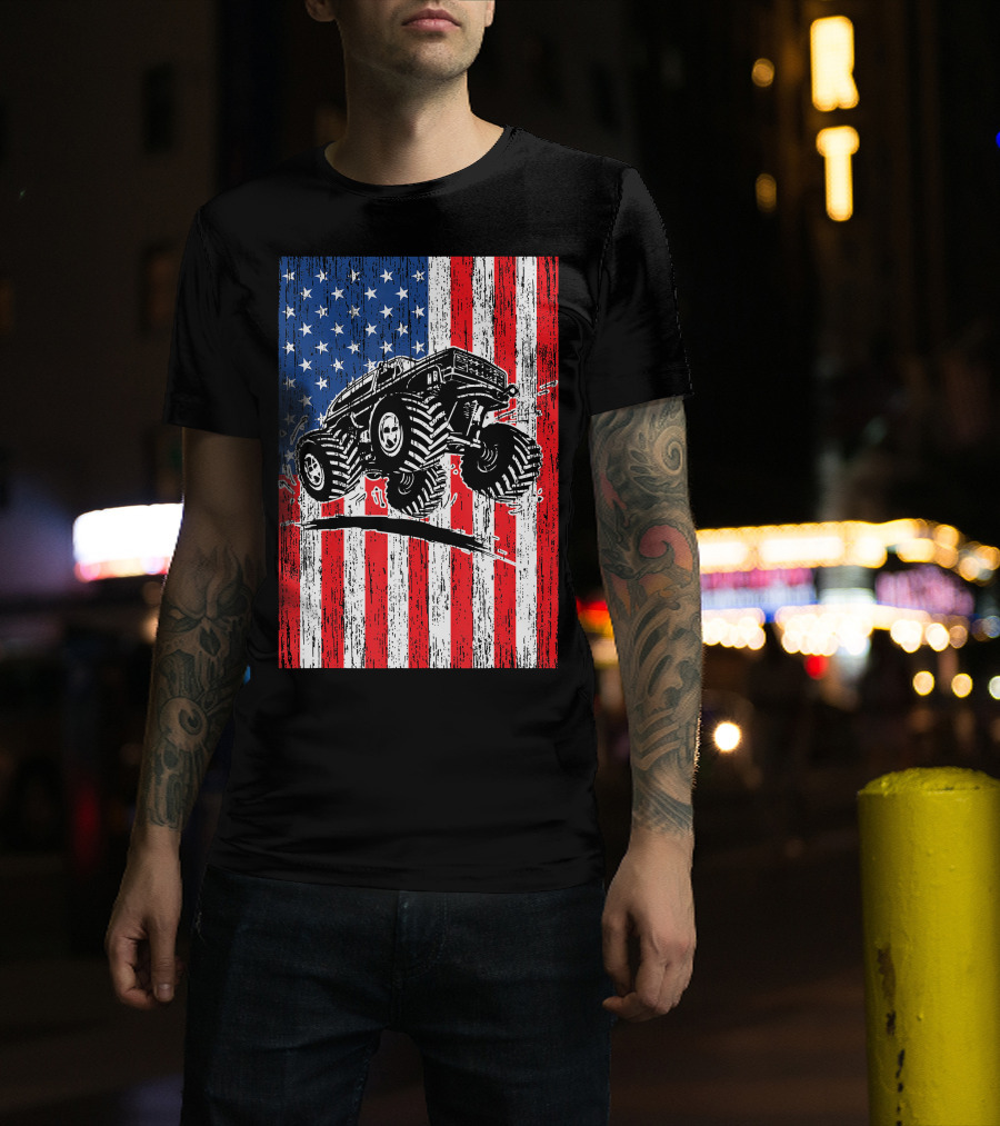 American Flag USA Monster Truck Enthusiast Patriotic T-Shirt