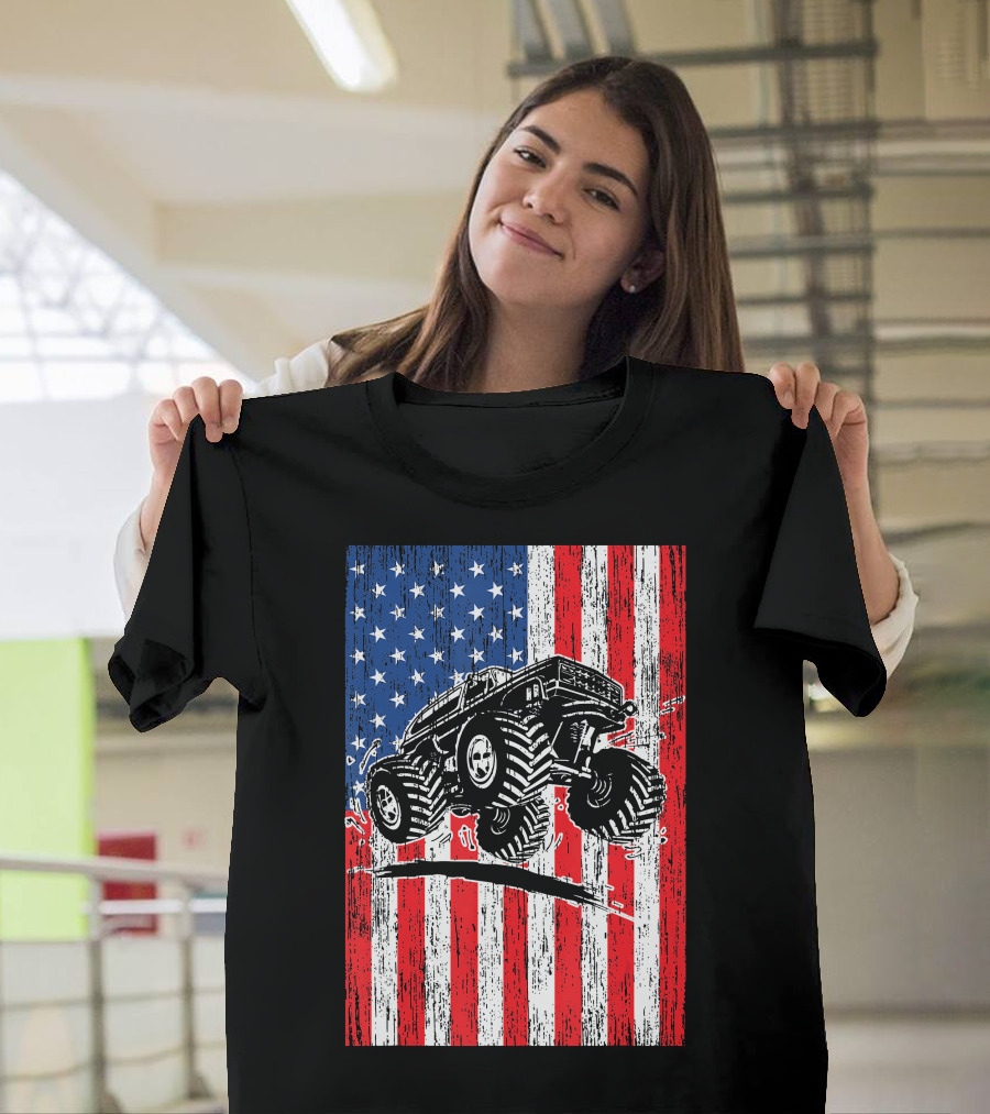 American Flag USA Monster Truck Enthusiast Patriotic T-Shirt