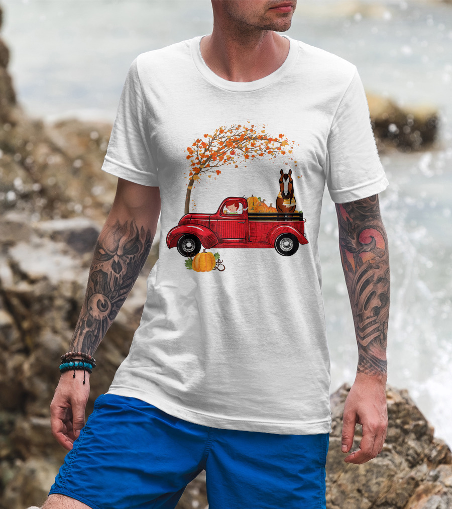 Autumn Fall Season Red Truck Horse Pumpkins Thanksgiving Day T-Shirt