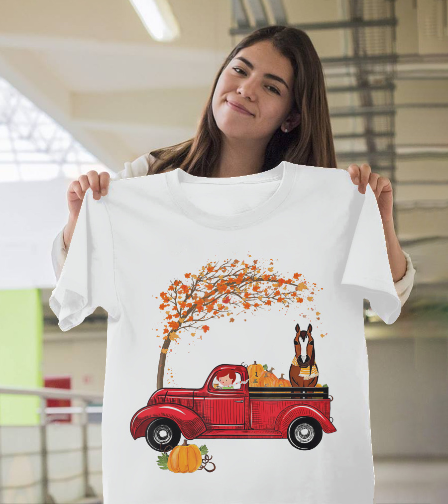 Autumn Fall Season Red Truck Horse Pumpkins Thanksgiving Day T-Shirt