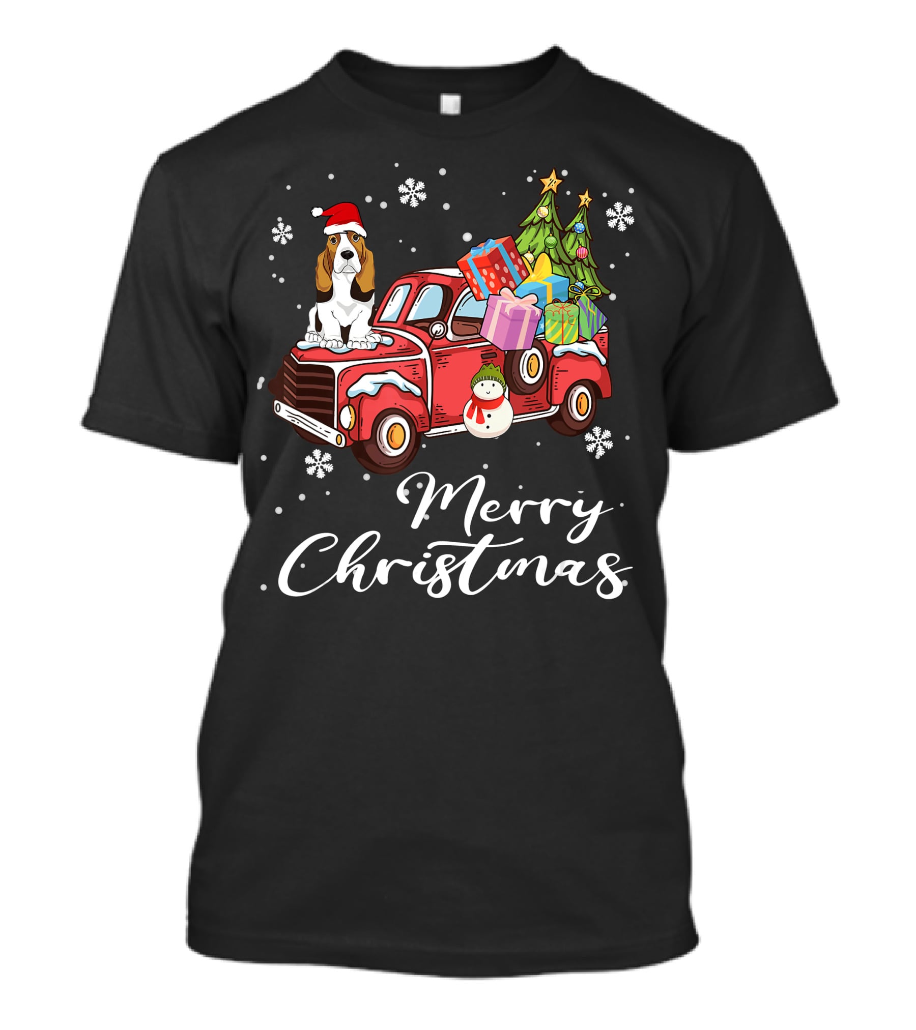 Basset Hound With Gifts And Snowman On Red Truck Merry Christmas T-Shirt