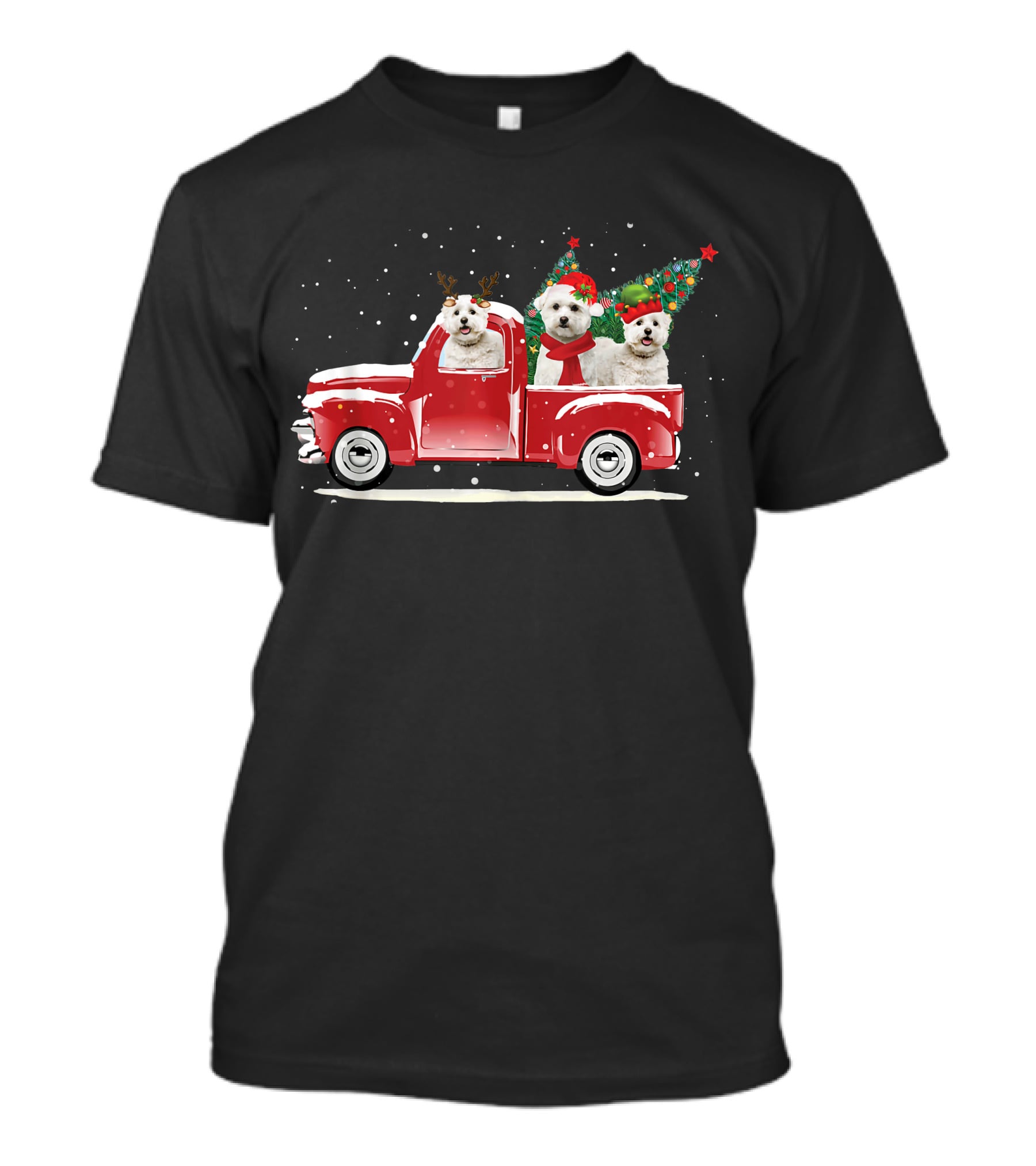 Bichon Frise Reindeer And Santa Christmas Truck With Trees T-Shirt