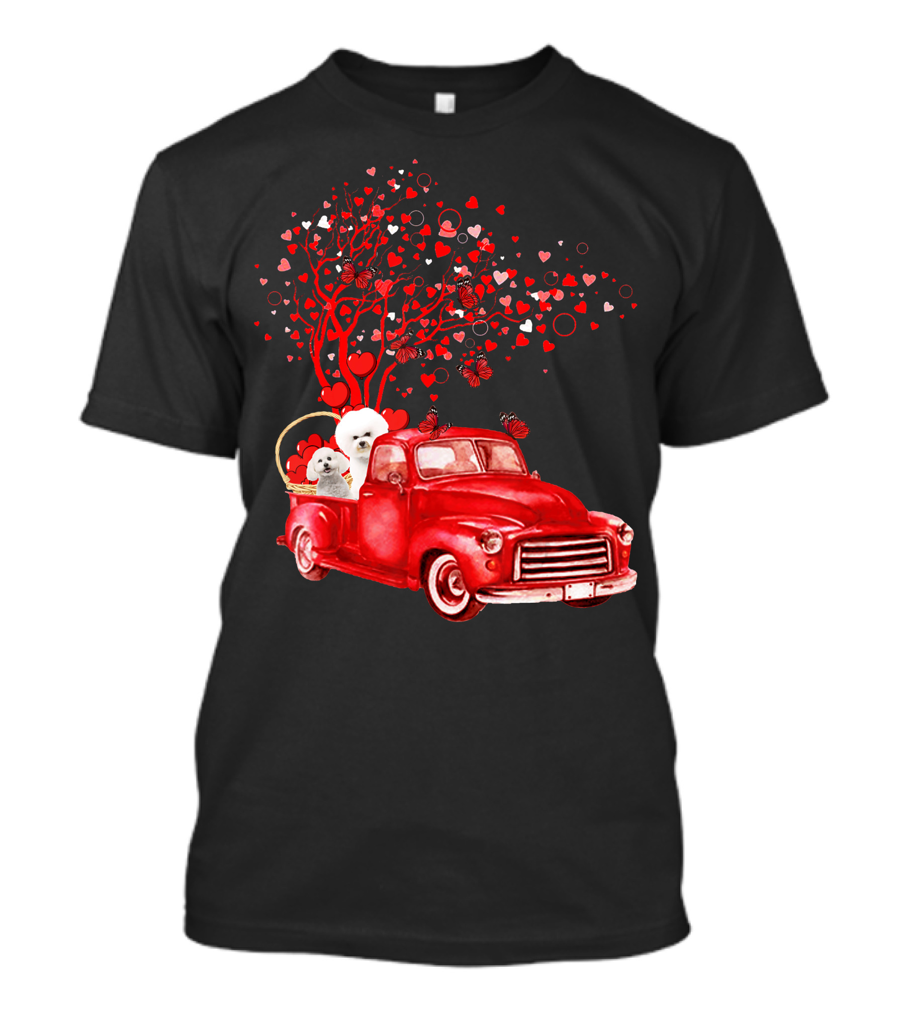 Bichon Frise Valentine Red Truck With Heart Tree And Butterflies T-Shirt
