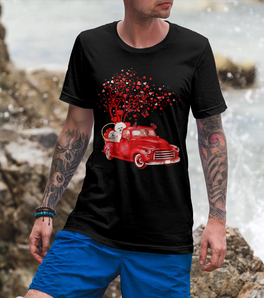 Bichon Frise Valentine Red Truck With Heart Tree And Butterflies T-Shirt