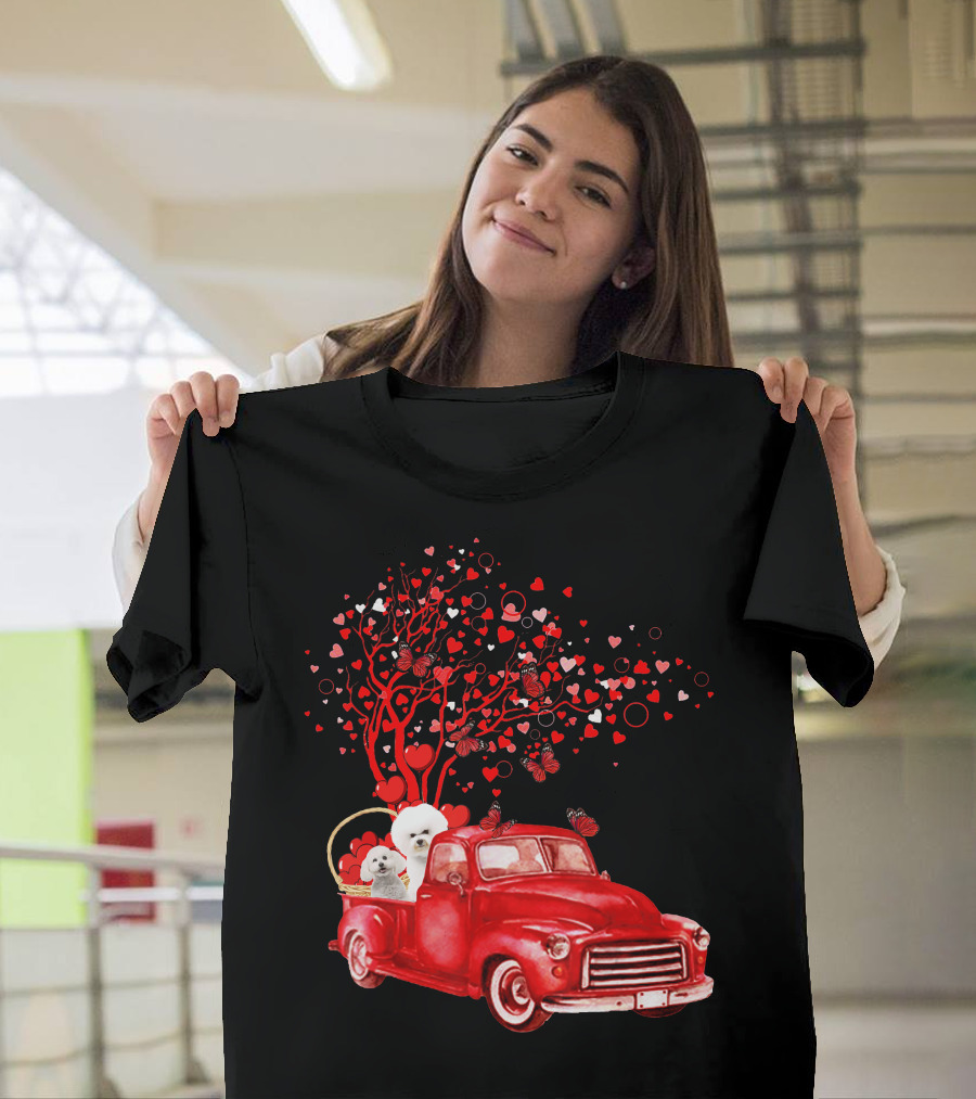 Bichon Frise Valentine Red Truck With Heart Tree And Butterflies T-Shirt