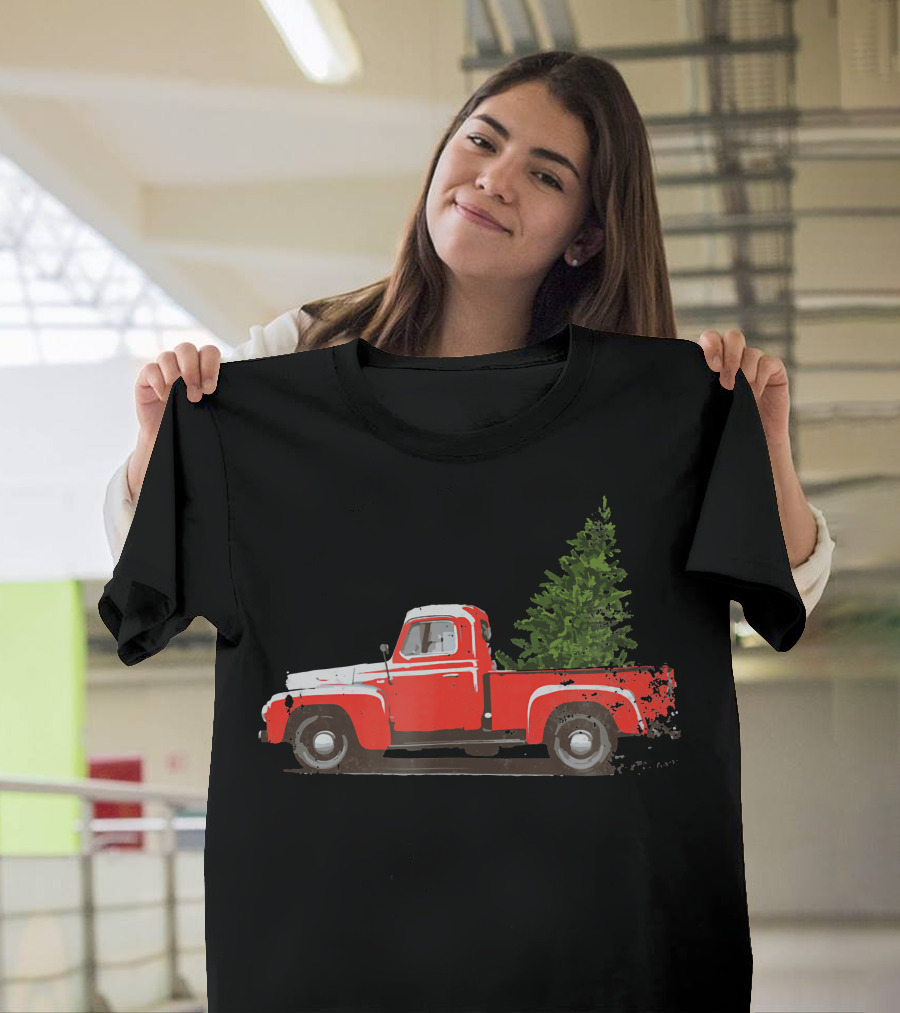 Classic Red Pickup Truck With Christmas Tree T-Shirt