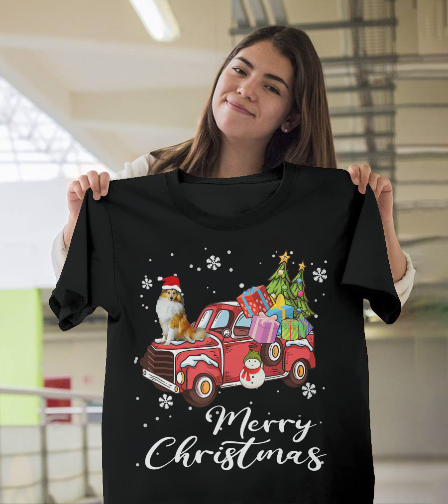 Merry Christmas Collie On Red Truck With Gifts And Snowman T-Shirt