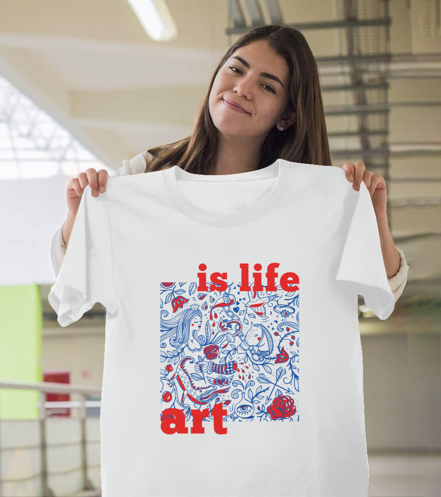 Is Life Art Floral Fantasy in Red and Blue T-Shirt