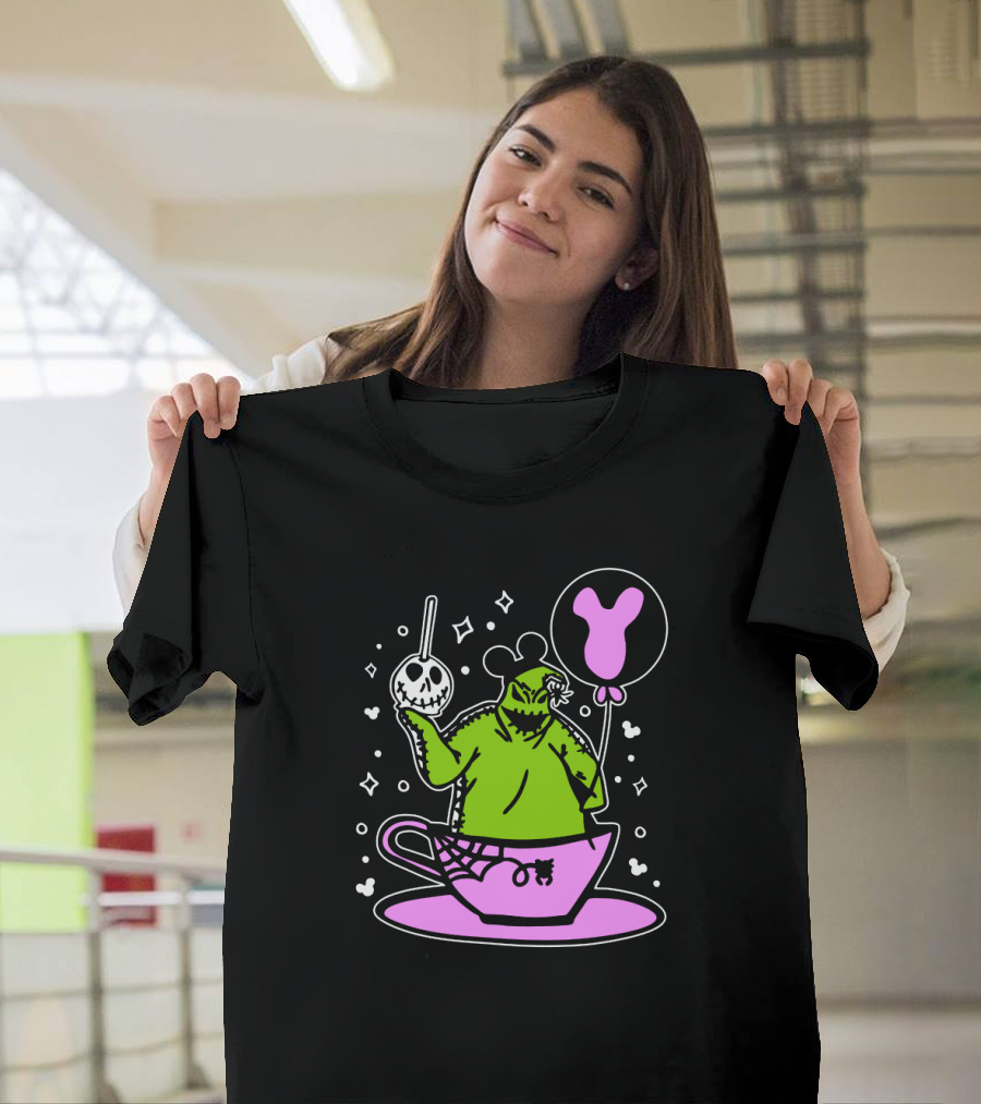 Oogie Boogie In Pink Tea Cup With Mickey Ears Balloon And Spider Details T-Shirt