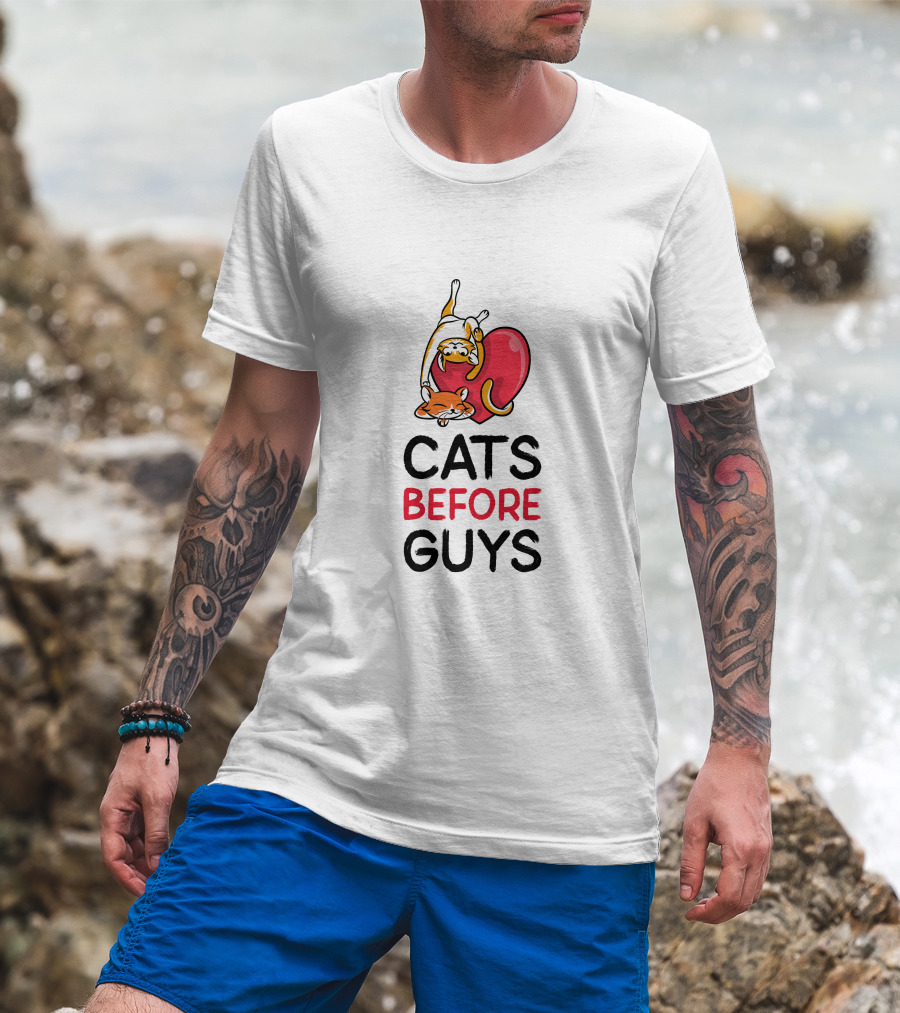 Cats Before Guys Heart Illustration For Pet Lovers T-Shirt